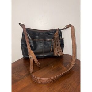 ili New York Vintage Black Brown Leather Crossbody Shoulder Bag Fringe Boho